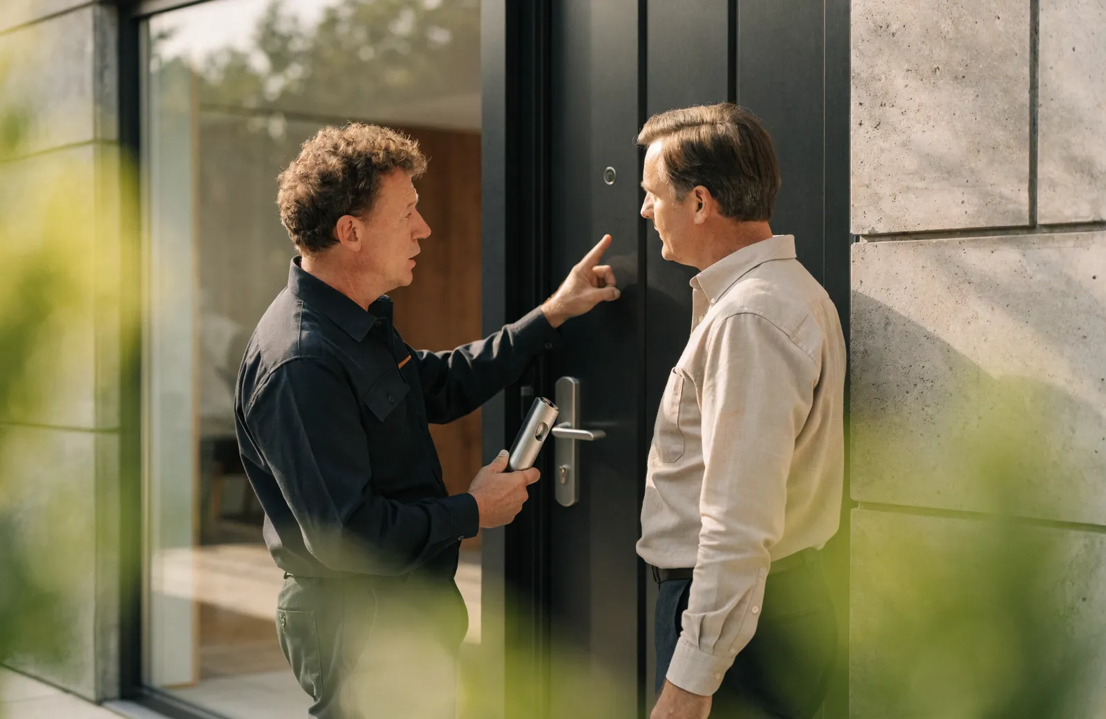 Persoonlijk slotadvies aan de deur Erkende slotenmaker geeft een bewoner advies over een nieuw SKG-cilinderslot bij de voordeur